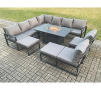 Fimous Aluminium 11 Seater Lounge Corner Sofa Outdoor Garden Furniture Sets Gas Fire Pit Dining Table Set with 2 Big Footstools Dark Grey
