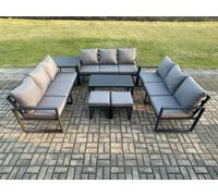 Fimous Aluminium 11 Seater Outdoor Garden Furniture Set Lounge Sofa 2 Small Footstools Side Table Sets With Cushions Dark Grey
