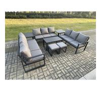 Fimous Aluminium 11 Seater Outdoor Garden Furniture Set Lounge Sofa Oblong Coffee Table 2 PC Small Footstools 2 PC Sets with Cushions Dark Grey