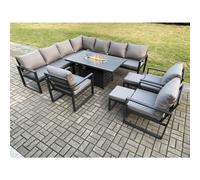 Fimous Aluminium 12 Seater Garden Furniture Outdoor Set Patio Lounge Sofa Gas Fire Pit Dining Table Set with 3 Chairs 2 Small Footstools Dark Grey