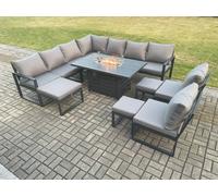 Fimous Aluminium 12 Seater Lounge Corner Sofa Outdoor Garden Furniture Sets Gas Fire Pit Dining Table Set with 3 Footstools Dark Grey Fimous Dark Grey
