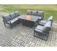 Fimous Aluminium 5 Pieces Garden Furniture Sofa Set with Cushions 8 Seater Gas Fire Pit Dining Table Set Dark Grey Fimous Dark Grey