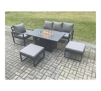 Fimous Aluminium 5 Pieces Garden Furniture Sofa Set with Cushions Gas Fire Pit Dining Table Set with 2 Big Footstools Dark Grey