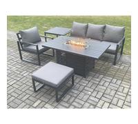 Fimous Aluminium 5 Pieces Garden Furniture Sofa Set with Cushions Gas Fire Pit Dining Table Set with Big Footstool Dark Grey