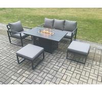 Fimous Aluminium 5 Pieces Garden Furniture Sofa Set with Cushions Gas Fire Pit Dining Table Set with 2 Big Footstools Dark Grey