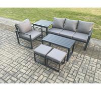 Fimous Aluminium 6 Pieces Garden Furniture Sofa Set with Cushions 6 Seater Outdoor Patio Set with Armchair 2 Small Footstools Side Table in Dark Grey Fimous Dark Grey