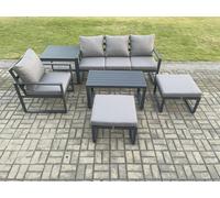 Fimous Aluminium 6 Pieces Garden Furniture Sofa Set With Cushions 6 Seater Outdoor Patio Set With Armchair 2 Big Footstools