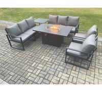 Fimous Aluminium 6 Pieces Garden Furniture Sofa Set with Cushions 8 Seater Gas Fire Pit Dining Table Set with Side Table Dark Grey