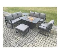 Fimous Aluminium 6 Pieces Garden Furniture Sofa Set with Cushions 8 Seater Gas Fire Pit Dining Table Set with Side Table Big Footstool Dark Grey