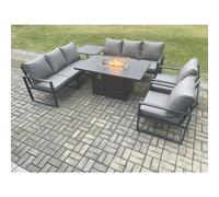 Fimous Aluminium 6 Pieces Garden Furniture Sofa Set with Cushions 8 Seater Gas Fire Pit Dining Table Set with Side Table Dark Grey
