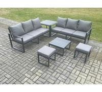 Fimous Aluminium 6 Pieces Garden Furniture Sofa Set with Cushions 8 Seater with Square Coffee Table 2 Small Footstools Side Table Dark Grey