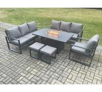 Fimous Aluminium 6 Pieces Garden Furniture Sofa Set with Cushions 9 Seater Gas Fire Pit Dining Table Set with 2 Small Footstools in Dark Grey Fimous Dark Grey