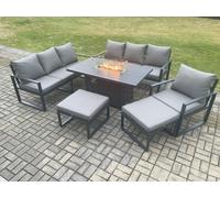 Fimous Aluminium 6 Pieces Garden Furniture Sofa Set with Cushions 9 Seater Gas Fire Pit Dining Table Set with 2 Big Footstools Dark Grey