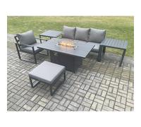 Fimous Aluminium 6 Pieces Garden Furniture Sofa Set with Cushions Gas Fire Pit Dining Table Set with 2 Big Footstool Dark Grey