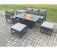 Fimous Aluminium 6 Pieces Garden Furniture Sofa Set with Cushions Gas Fire Pit Dining Table Set with 2 Big Footstools Side Table Dark Grey