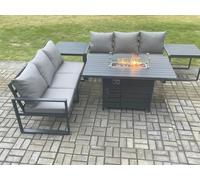 Fimous Aluminium 6 Seater Outdoor Garden Furniture Lounge Sofa Set Gas Fire Pit Dining Table with 2 Side Tables in Dark Grey Fimous Dark Grey