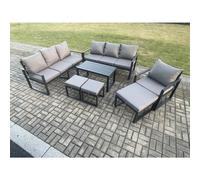 Fimous Aluminium 7 Pieces Garden Furniture Set with Cushions 10 Seater Outdoor Patio Lounge Sofa Set with Armchair 3 Footstools Dark Grey