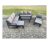 Fimous Aluminium 7 Pieces Garden Furniture Set with Cushions 9 Seater Outdoor Patio Lounge Sofa Set with Armchair 2 Big Footstools Dark Grey