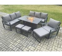 Aluminium 7 Pieces Garden Furniture Sofa Set with Cushions 10 Seater Gas Fire Pit Dining Table Set with 3 Footstools Fimous Dark Grey One Size