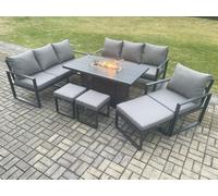 Fimous Aluminium 7 Pieces Garden Furniture Sofa Set with Cushions 10 Seater Gas Fire Pit Dining Table Set with 3 Footstools in Dark Grey Fimous Dark Grey