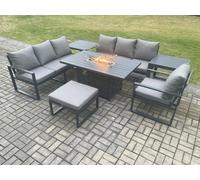 Fimous Aluminium 7 Pieces Garden Furniture Sofa Set with Cushions 8 Seater Gas Fire Pit Dining Table Set with 2 Side Tables Big Footstool in Dark Grey Fimous Dark Grey