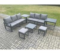 Fimous Aluminium 7 Pieces Garden Furniture Sofa Set with Cushions 8 Seater Outdoor Patio Set with Square Coffee Table 2 Footstools in Dark Grey Fimous Dark Grey