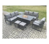 Aluminium 7 Pieces Garden Furniture Sofa Set with Cushions 9 Seater Gas Fire Pit Dining Table Set with Side Table 2 Small Footstools Fimous Dark Grey One Size