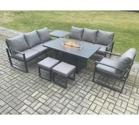 Aluminium 7 Pieces Garden Furniture Sofa Set with Cushions 9 Seater Gas Fire Pit Dining Table Set with Side Table 2 Small Footstools Fimous Dark Grey One Size