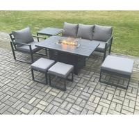 Aluminium 7 Pieces Garden Furniture Sofa Set with Cushions Gas Fire Pit Dining Table Set with 3 Footstools Side Table Dark Grey Fimous Dark Grey One Size