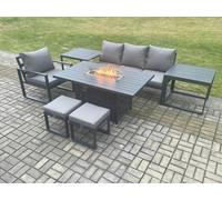 Fimous Aluminium 7 Pieces Garden Furniture Sofa Set with Cushions Gas Fire Pit Dining Table Set with 2 Small Footstools 2 Side Tables Dark Grey