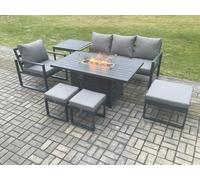 Fimous Aluminium 7 Pieces Garden Furniture Sofa Set with Cushions Gas Fire Pit Dining Table Set with 3 Footstools Side Table Dark Grey Fimous Dark Grey