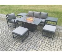 Fimous Aluminium 7 Pieces Garden Furniture Sofa Set with Cushions Gas Fire Pit Dining Table Set with 2 Big Footstools 2 Dark Grey