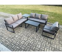 Fimous Aluminium 7 Seater Garden Furniture Outdoor Patio Sofa Set with Rectangular Coffee Table Armchair Side Table Dark Grey