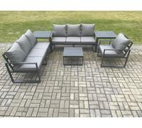 Fimous Aluminium 7 Seater Outdoor Garden Furniture Lounge Sofa Set With Square Coffee Table Chair 2 Side Table Dark Grey