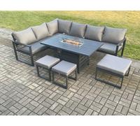 Aluminium 8 Pieces Garden Furniture Corner Sofa Set with Cushions Gas Fire Pit Dining Table Set with 3 Footstools Dark Grey Fimous Dark Grey One Size