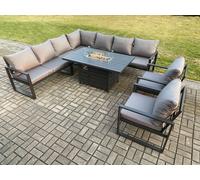 Fimous Aluminium 8 Pieces Garden Furniture Corner Sofa Set with Cushions Gas Fire Pit Dining Table Set with 2 Chairs Dark Grey Fimous Dark Grey