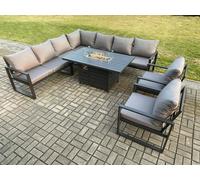 Fimous Aluminium 8 Pieces Garden Furniture Corner Sofa Set with Cushions Gas Fire Pit Dining Table Set Gas Heater Burner with 2 Chairs Dark Grey