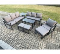 Fimous Aluminium 8 Pieces Garden Furniture Set with Cushions 10 Seater Outdoor Patio Lounge Sofa Set with Armchair 3 Footstools Dark Grey