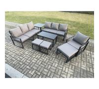 Aluminium 8 Pieces Garden Furniture Set with Cushions 10 Seater Outdoor Patio Lounge Sofa Set with Armchair 3 Footstools Side Table Fimous Dark Grey One Size