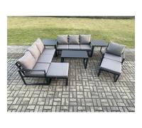 Fimous Aluminium 8 Pieces Garden Furniture Set with Cushions 9 Seater Outdoor Patio Lounge Sofa Set with Armchair 2 Big Footstools 2 Dark Grey