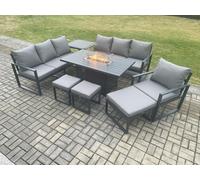 Aluminium 8 Pieces Garden Furniture Sofa Set with Cushions 10 Seater Gas Fire Pit Dining Table Set with Side Table 3 Footstools Fimous Dark Grey One Size