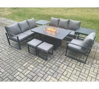 Fimous Aluminium 8 Pieces Garden Furniture Sofa Set with Cushions 9 Seater Gas Fire Pit Dining Table Set with 2 Side Tables in Dark Grey Fimous Dark Grey