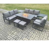Aluminium 8 Pieces Garden Furniture Sofa Set with Cushions 9 Seater Gas Fire Pit Dining Table Set with 2 Side Tables Fimous Dark Grey One Size
