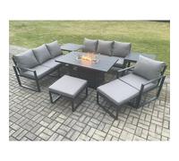 Fimous 9 Seater Aluminium Garden Furniture Set with Gas Fire Pit Dining Table, 2 Sofas, 2 Side Tables, 2 Footstools & 1 Chair - Dark Grey