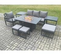 Aluminium 8 Pieces Garden Furniture Sofa Set with Cushions Gas Fire Pit Dining Table Set with 3 Footstools 2 Side Tables Dark Grey Fimous Dark Grey One Size