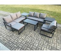 Fimous Aluminium 8 Seater Garden Furniture Outdoor Patio Sofa Set with Rectangular Coffee Table Armchair Big Footstool 2 Dark Grey