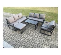Fimous Aluminium 8 Seater Garden Furniture Outdoor Patio Sofa Set with Rectangular Coffee Table Armchair Big Footstool Dark Grey