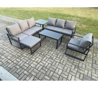 Fimous Aluminium 8 Seater Garden Furniture Outdoor Patio Sofa Set with Rectangular Coffee Table Armchair Big Footstool Side Table Dark Grey