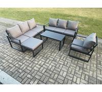 Fimous Aluminium 8 Seater Garden Furniture Outdoor Patio Sofa Set with Rectangular Coffee Table Armchair Big Footstool Dark Grey