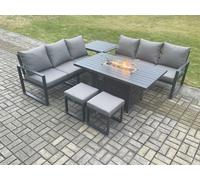 Fimous Aluminium 8 Seater Outdoor Garden Furniture Lounge Sofa Set Gas Fire Pit Dining Table with 2 Small Footstools in Dark Grey Fimous Dark Grey